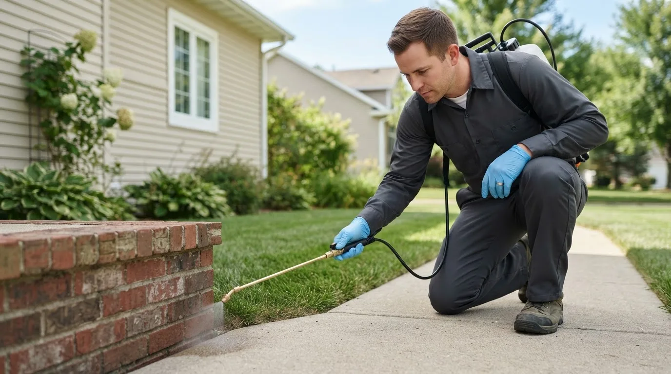 Pest control technician treating a home near Goldfield, IA