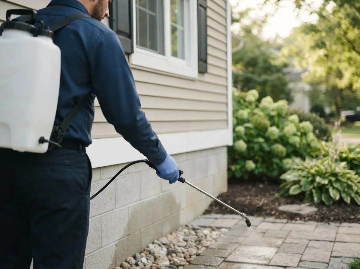 Pest control technician inspecting a home in Goldfield, IA